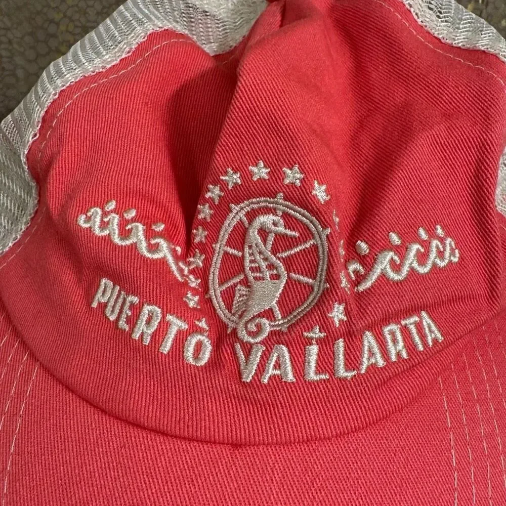 Free People Puerto Vallarta Pink Coral Ivory Adjustable Trucker Hat OS